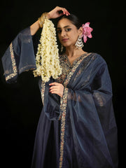 Navy Blue Embroidered A-Line Kurta Trousers set