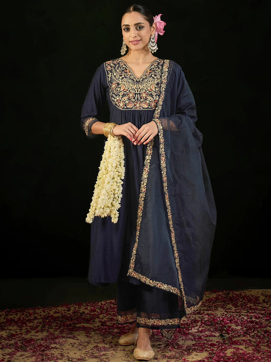 Navy Blue Embroidered A-Line Kurta Trousers set