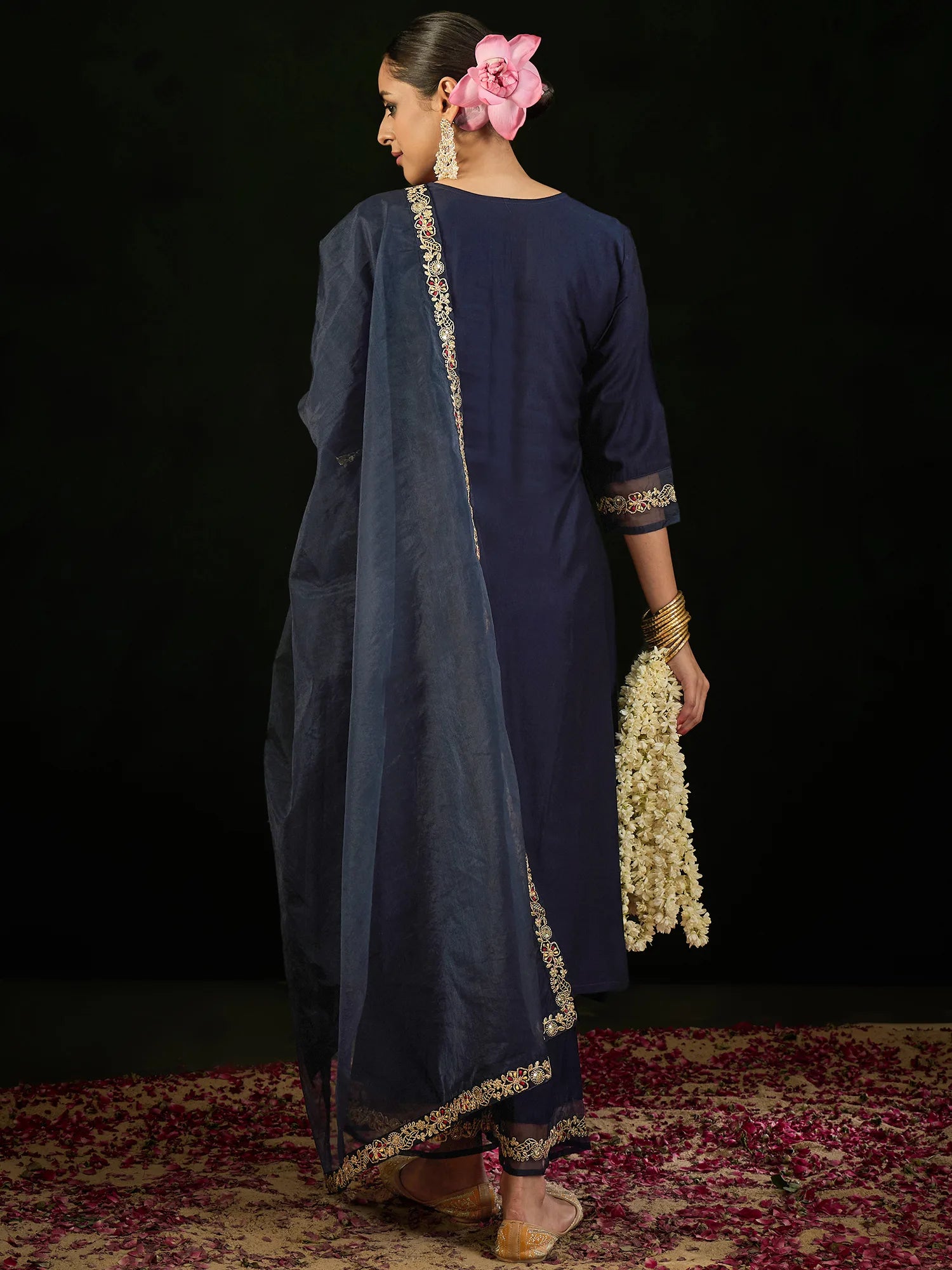 Navy Blue Embroidered A-Line Kurta Trousers set