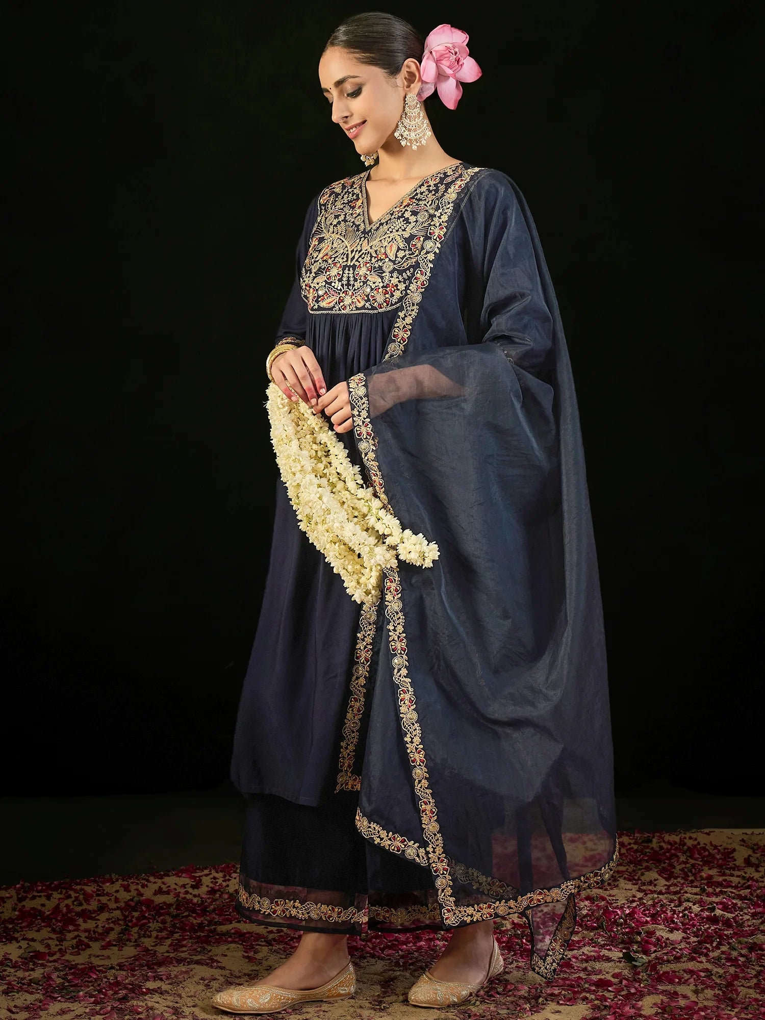 Navy Blue Embroidered A-Line Kurta Trousers set