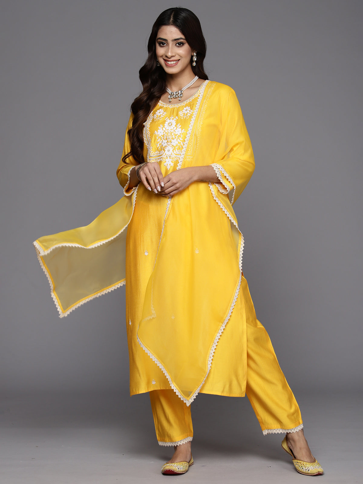 Indo Era Yellow Embroidered Straight Kurta Trousers With Dupatta Set