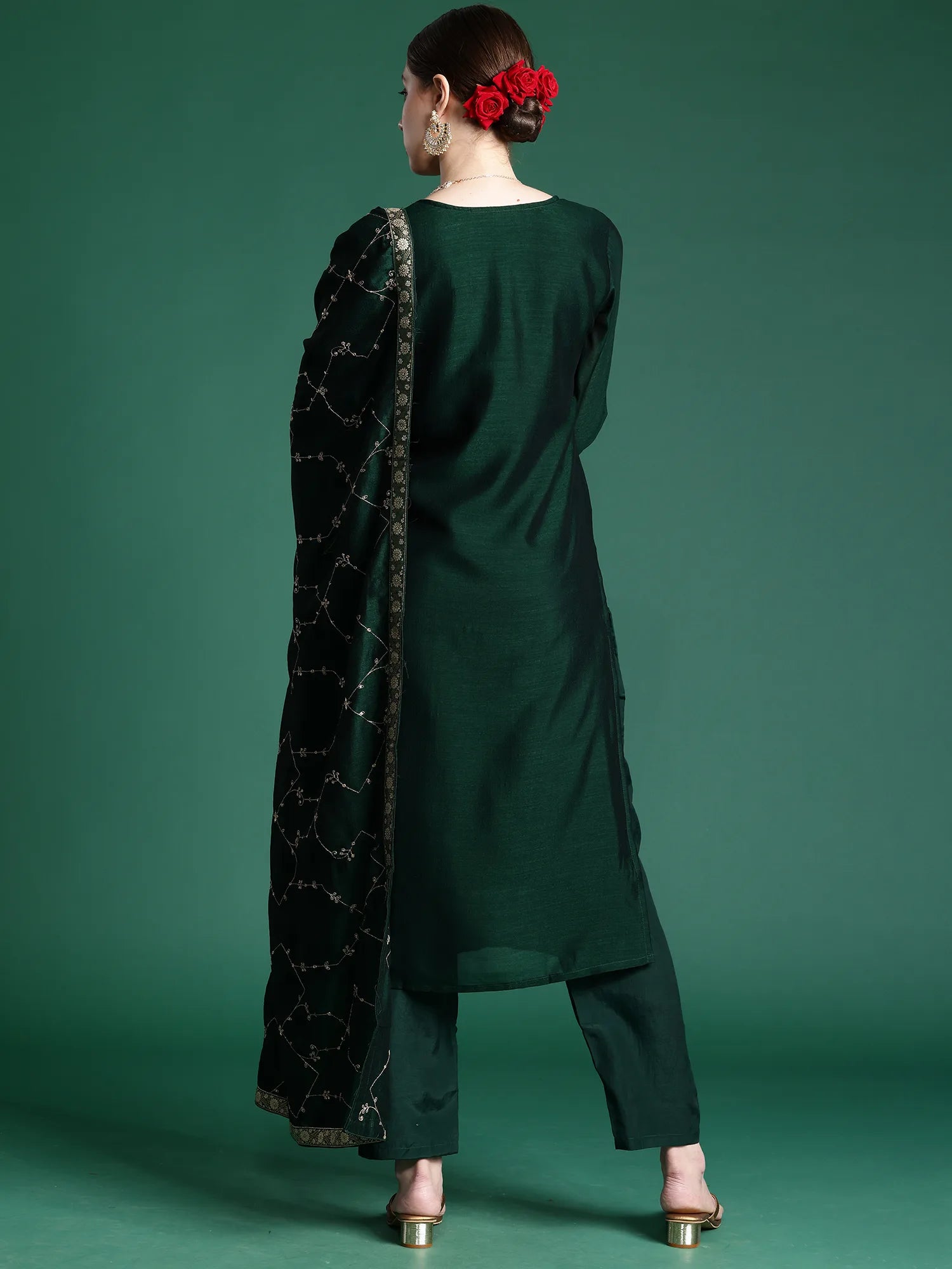 Green Embroidered Straight Kurta Trousers With Dupatta set