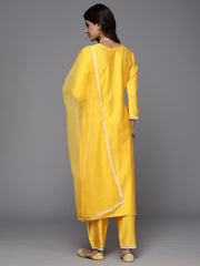 Indo Era Yellow Embroidered Straight Kurta Trousers With Dupatta Set