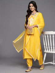 Indo Era Yellow Embroidered Straight Kurta Trousers With Dupatta Set