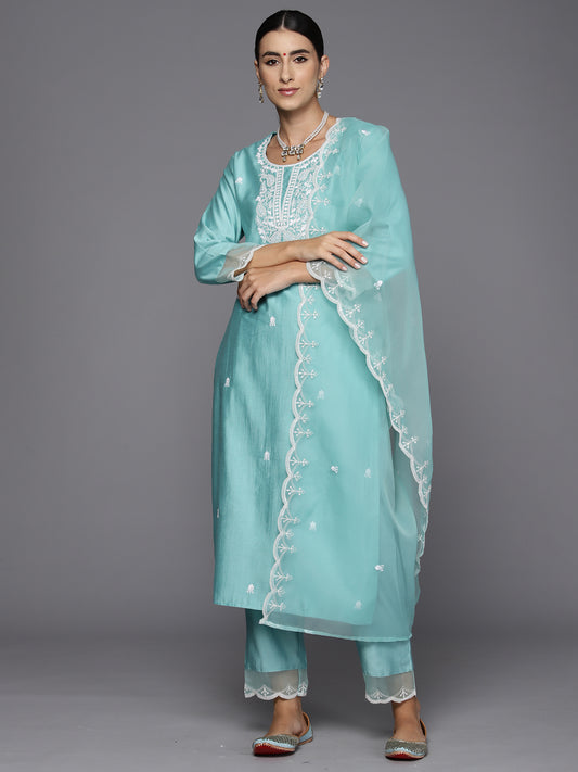 Indo Era Sea Green Embroidered Straight Kurta Trousers With Dupatta Set