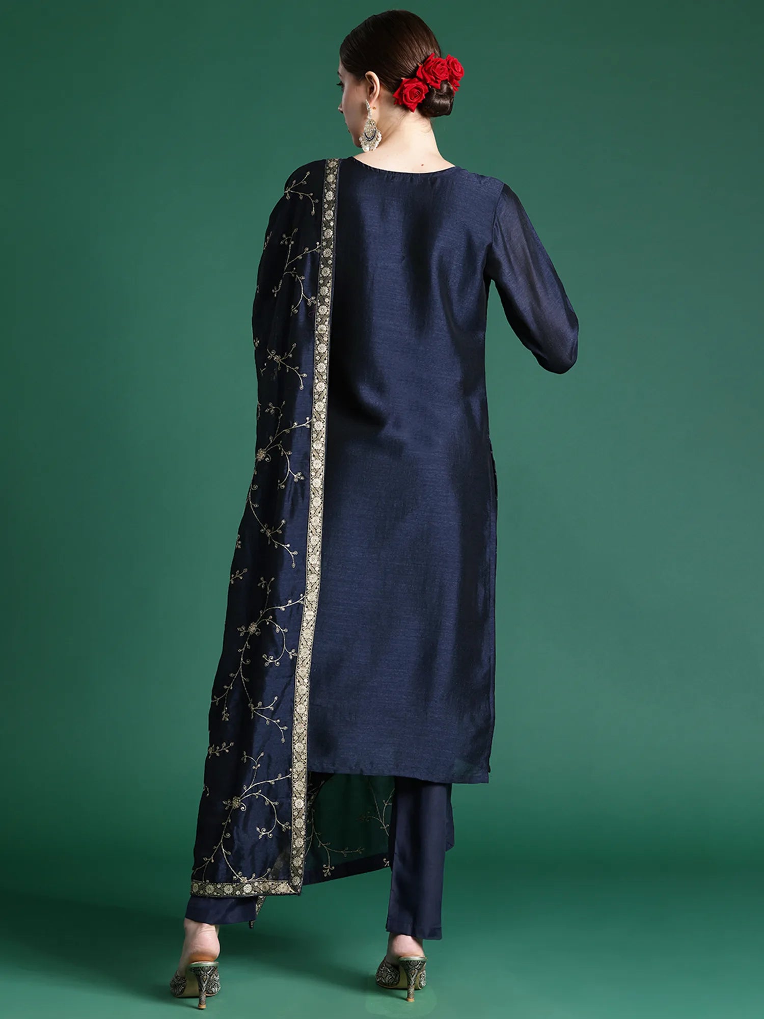 Blue Embroidered Straight Kurta Trousers With Dupatta set