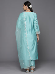 Indo Era Sea Green Embroidered Straight Kurta Trousers With Dupatta Set