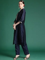 Blue Embroidered Straight Kurta Trousers With Dupatta set