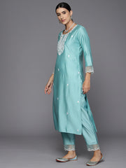 Indo Era Sea Green Embroidered Straight Kurta Trousers With Dupatta Set