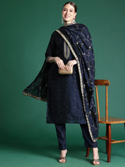 Blue Embroidered Straight Kurta Trousers With Dupatta set