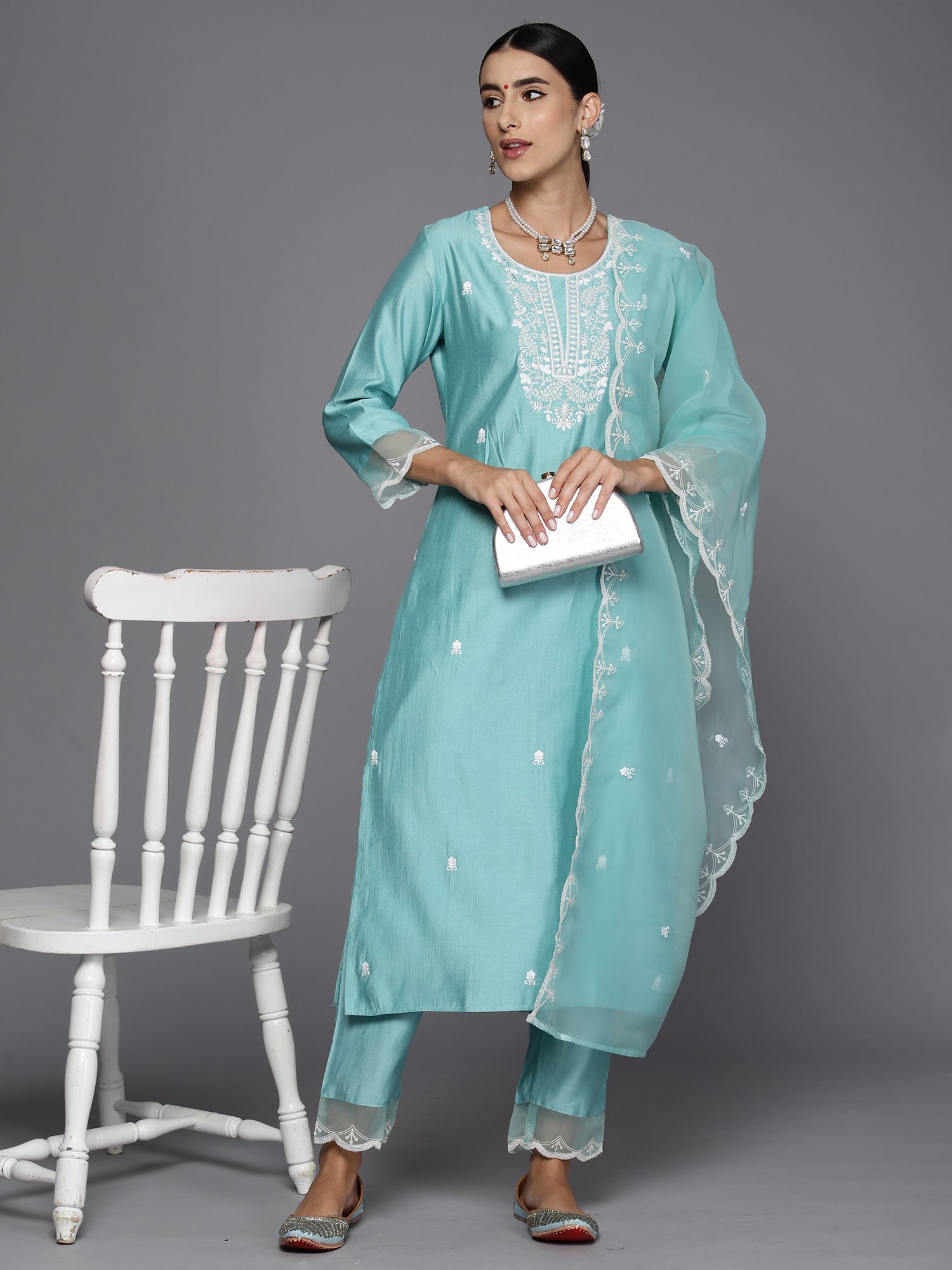 Indo Era Sea Green Embroidered Straight Kurta Trousers With Dupatta Set