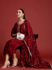 Maroon Embroidered Straight Kurta Trousers With Dupatta set