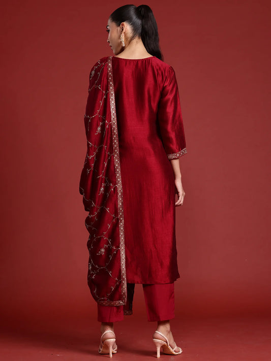 Maroon Embroidered Straight Kurta Trousers With Dupatta set