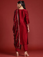 Maroon Embroidered Straight Kurta Trousers With Dupatta set