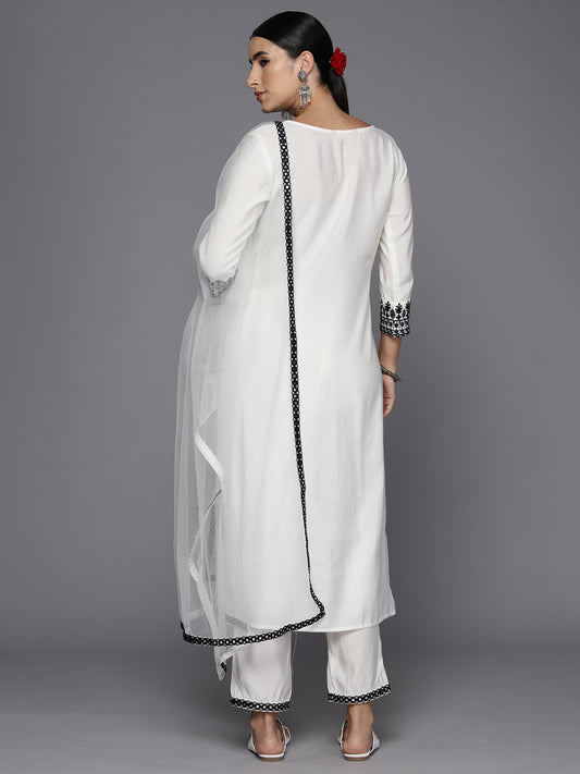 Indo Era White Embroidered Straight Kurta Trousers With Dupatta Set