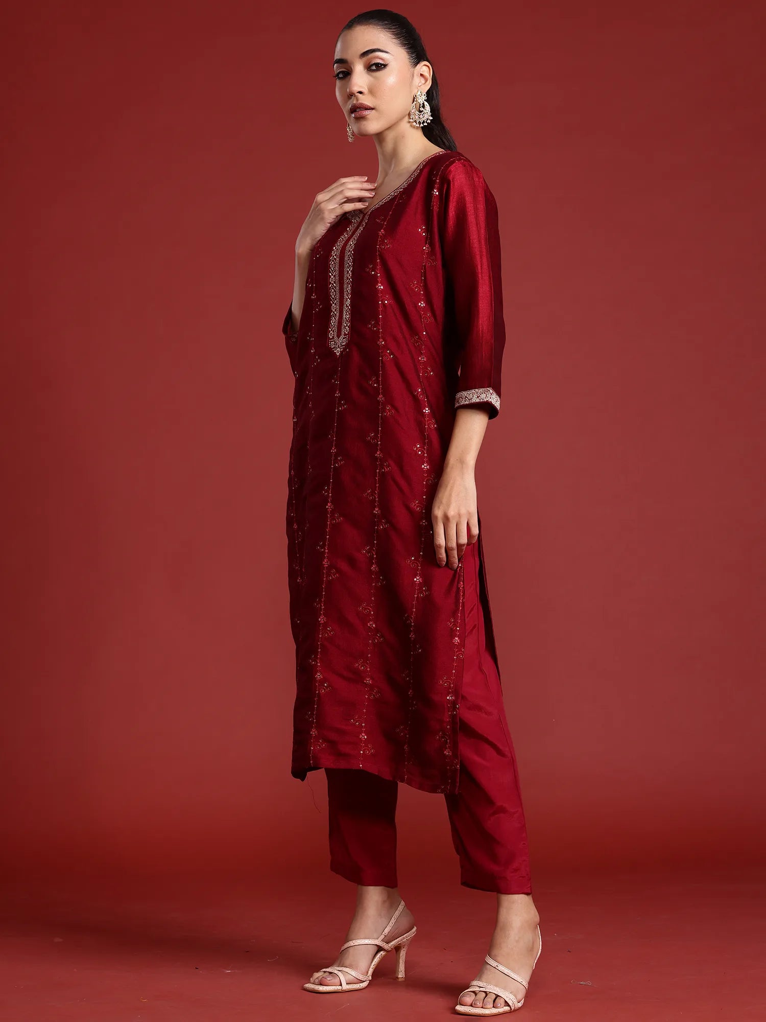 Maroon Embroidered Straight Kurta Trousers With Dupatta set