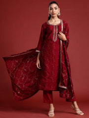 Maroon Embroidered Straight Kurta Trousers With Dupatta set