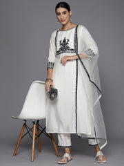 Indo Era White Embroidered Straight Kurta Trousers With Dupatta Set