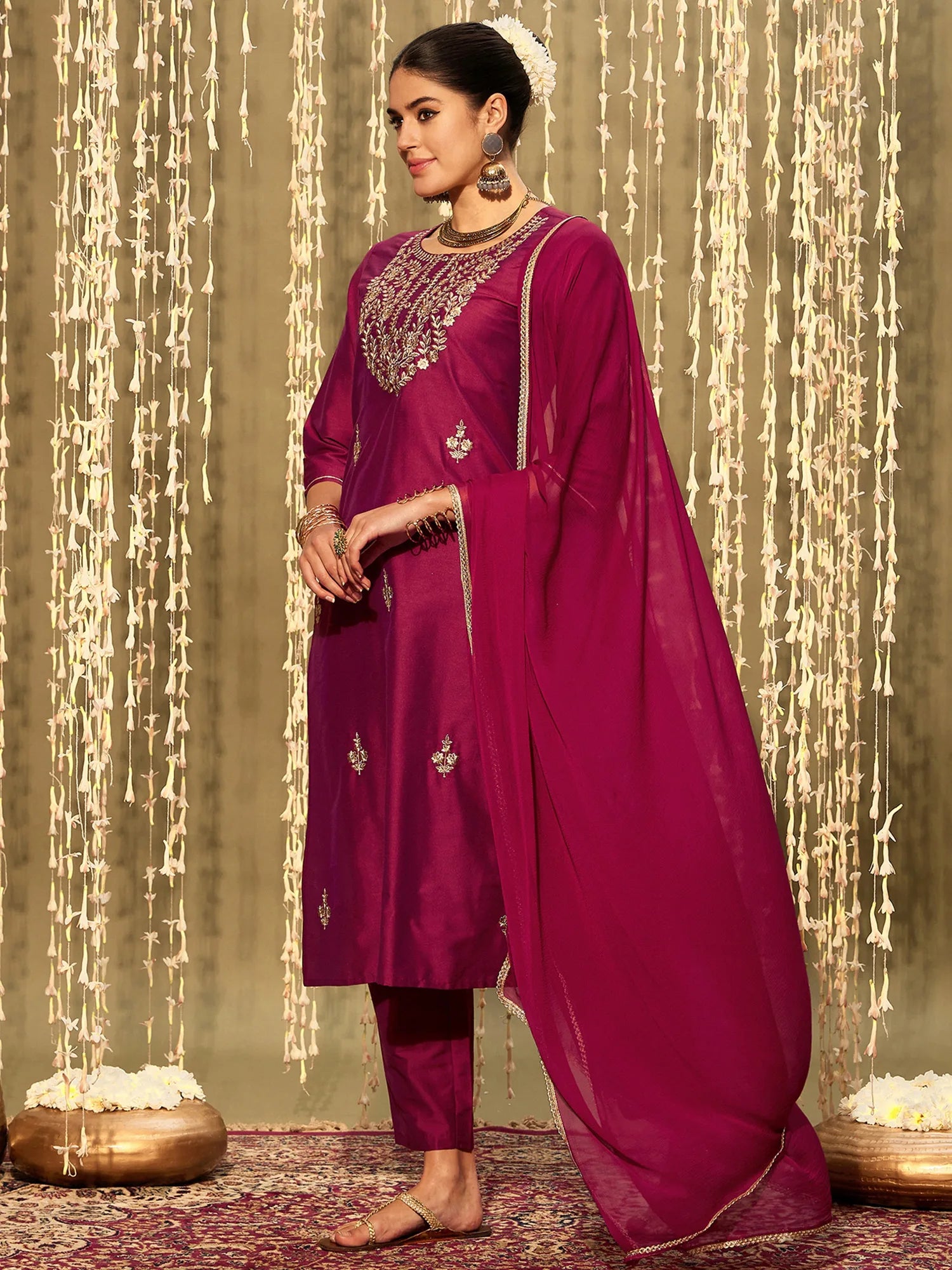 Magenta Embroidered Straight Kurta Trousers With Dupatta set