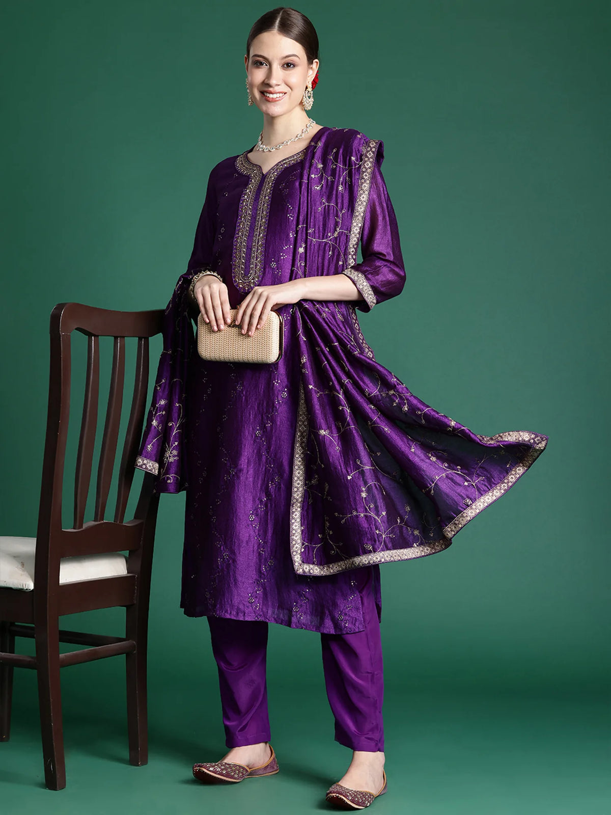 Purple Embroidered Straight Kurta Trousers With Dupatta set