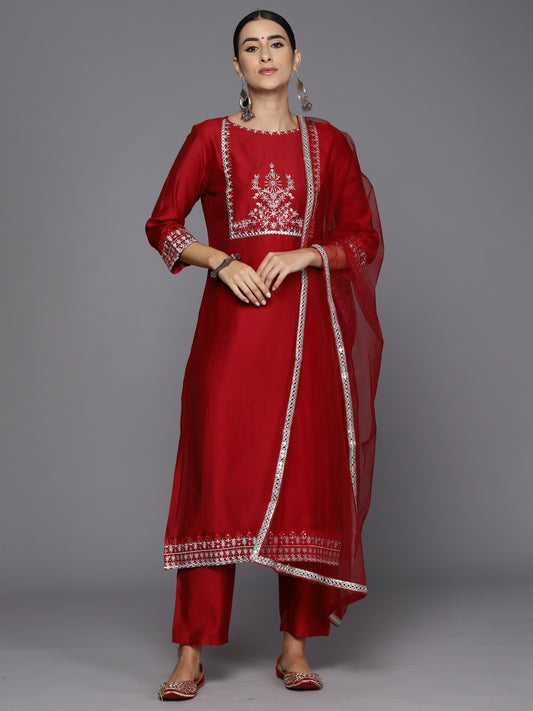 Indo Era Red Embroidered Straight Kurta Trousers With Dupatta Set