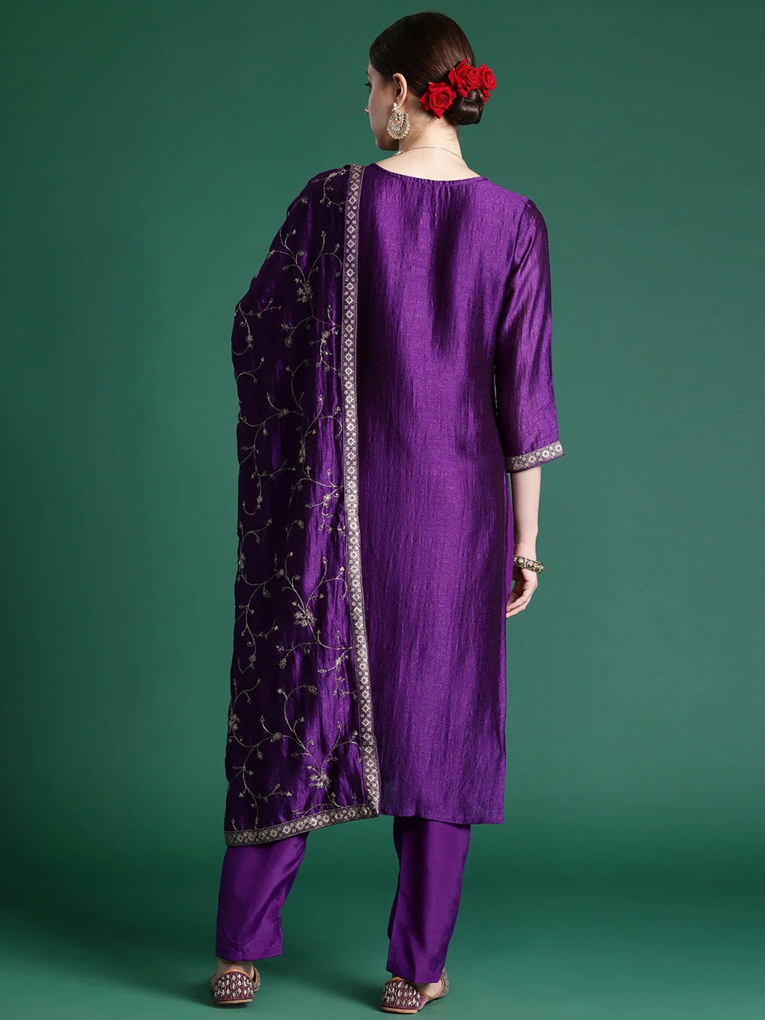 Purple Embroidered Straight Kurta Trousers With Dupatta set