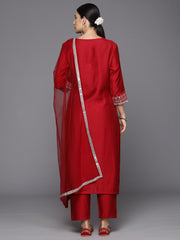 Indo Era Red Embroidered Straight Kurta Trousers With Dupatta Set