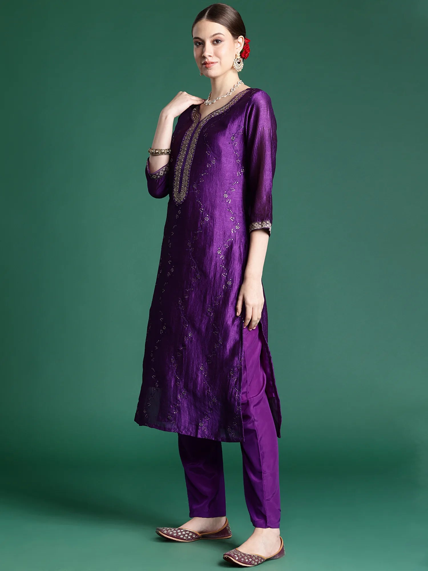 Purple Embroidered Straight Kurta Trousers With Dupatta set