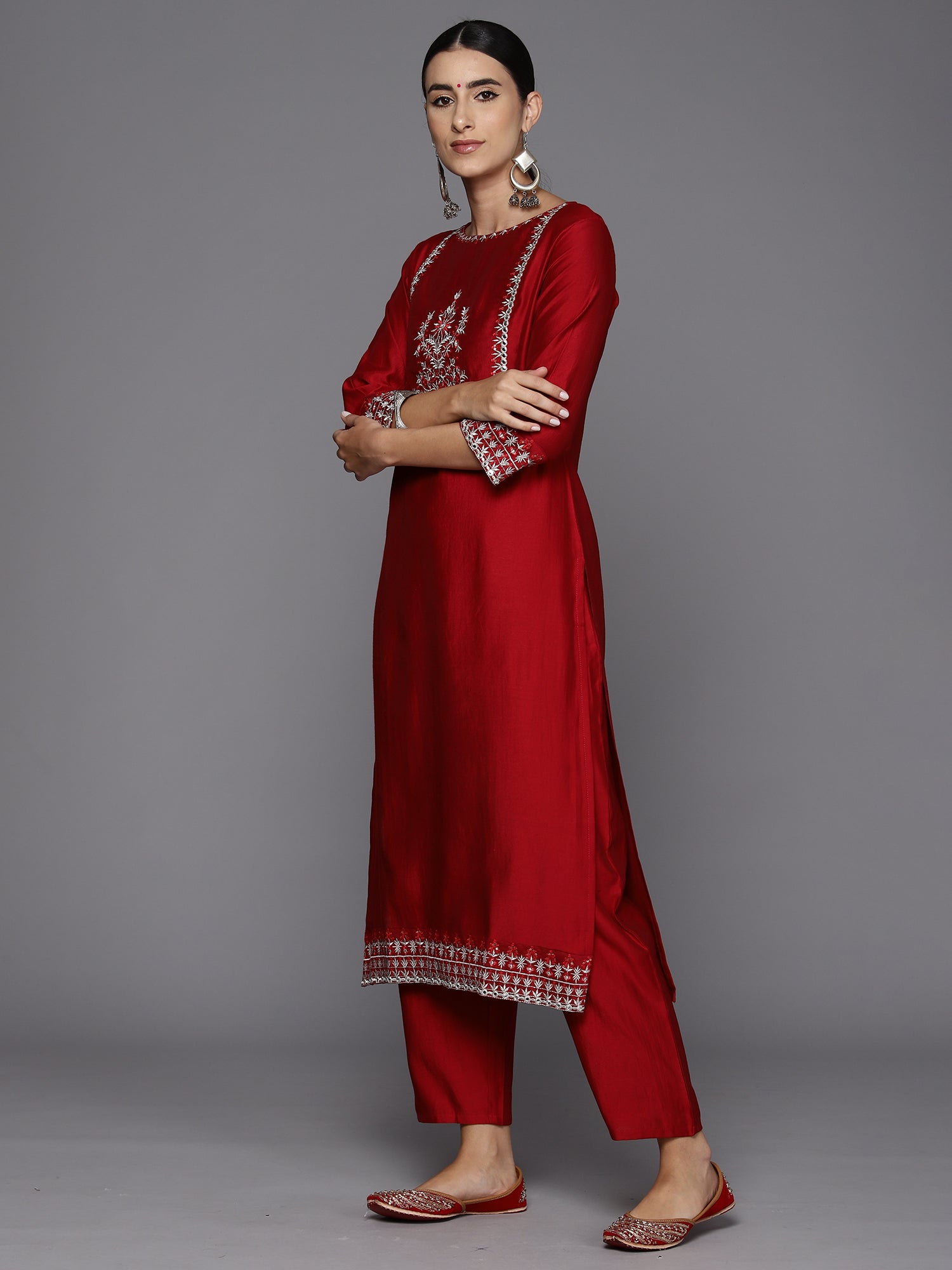 Indo Era Red Embroidered Straight Kurta Trousers With Dupatta Set