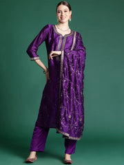 Purple Embroidered Straight Kurta Trousers With Dupatta set