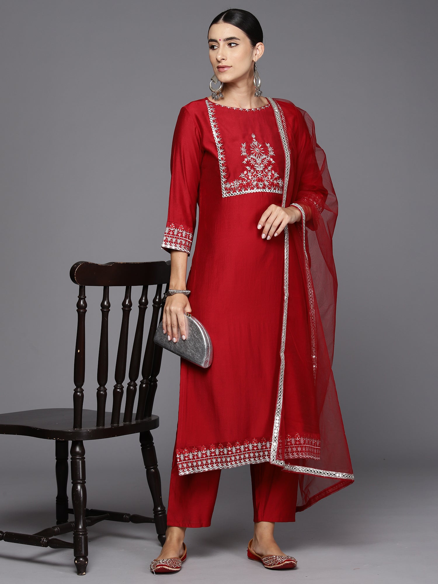 Indo Era Red Embroidered Straight Kurta Trousers With Dupatta Set