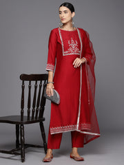 Indo Era Red Embroidered Straight Kurta Trousers With Dupatta Set