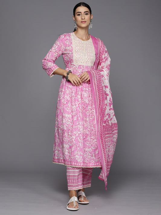 Indo Era Pink Embroidered A-Line Kurta Trousers With Dupatta Set