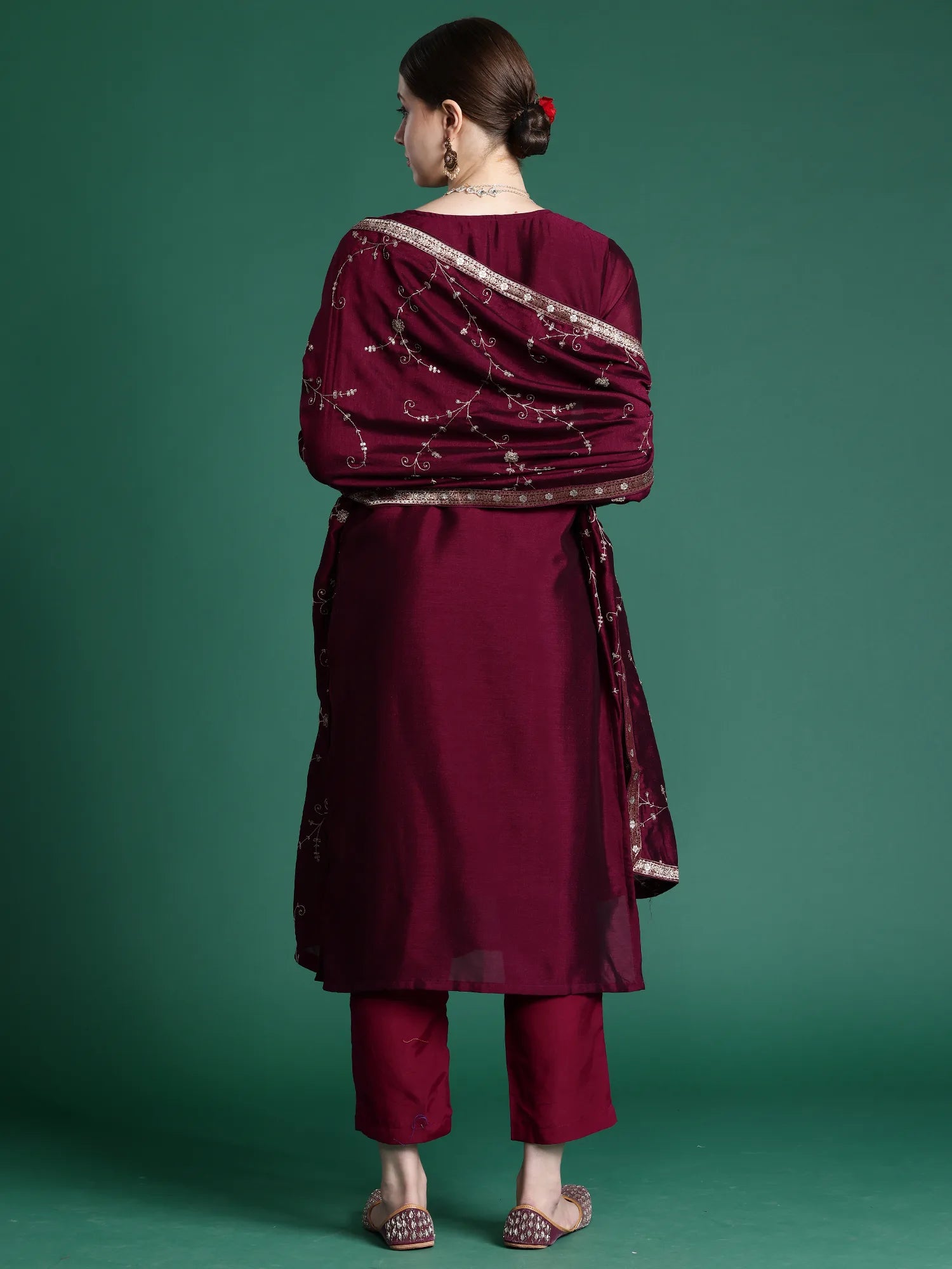 Burgundy Embroidered Straight Kurta Trousers With Dupatta set