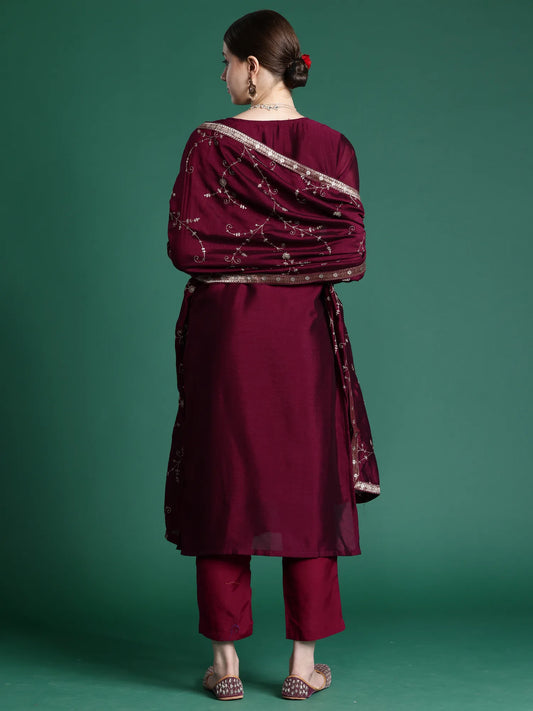 Burgundy Embroidered Straight Kurta Trousers With Dupatta set