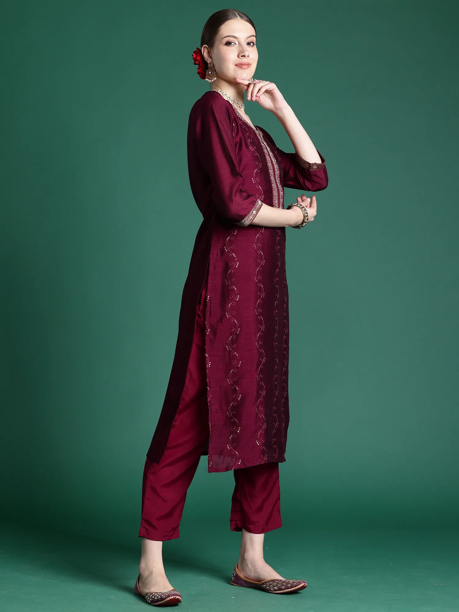 Burgundy Embroidered Straight Kurta Trousers With Dupatta set