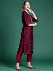 Burgundy Embroidered Straight Kurta Trousers With Dupatta set