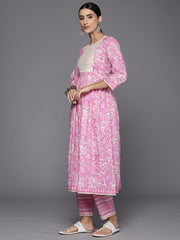 Indo Era Pink Embroidered A-Line Kurta Trousers With Dupatta Set