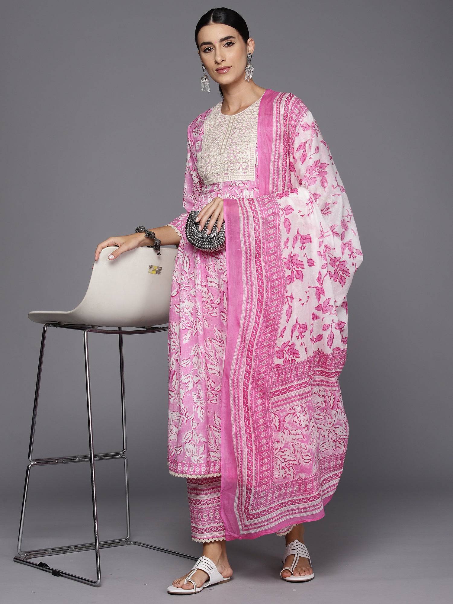 Indo Era Pink Embroidered A-Line Kurta Trousers With Dupatta Set