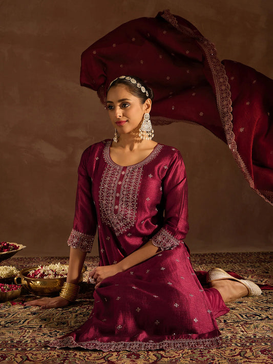 Maroon Embroidered Straight Kurta Trousers With Dupatta set