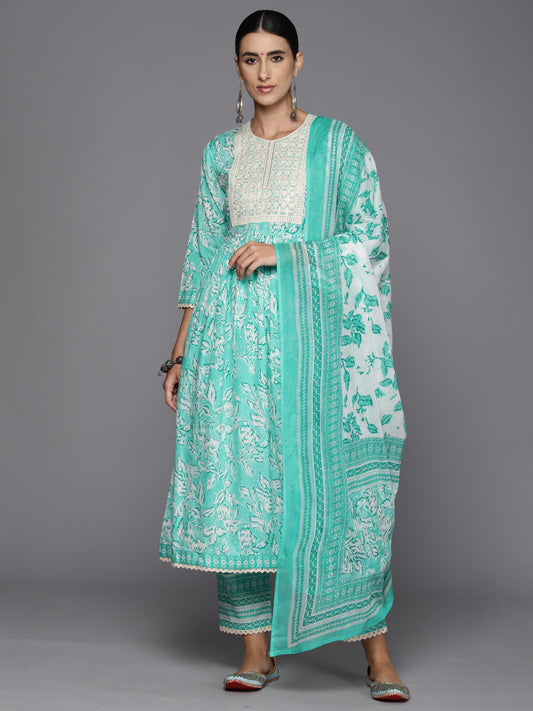 Indo Era Sea Green Embroidered A-Line Kurta Trousers With Dupatta Set