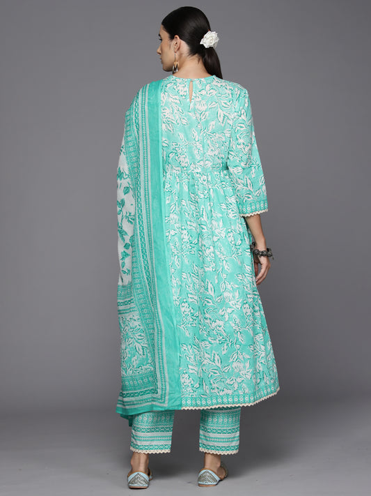 Indo Era Sea Green Embroidered A-Line Kurta Trousers With Dupatta Set