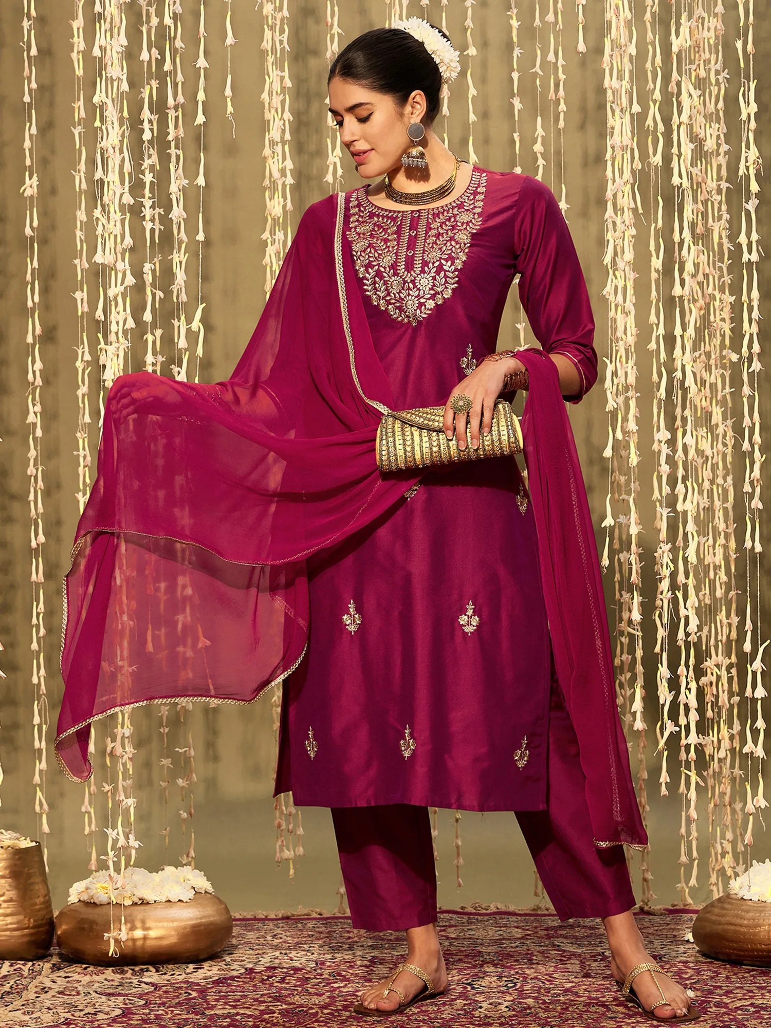 Magenta Embroidered Straight Kurta Trousers With Dupatta set