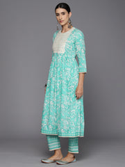 Indo Era Sea Green Embroidered A-Line Kurta Trousers With Dupatta Set