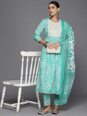 Indo Era Sea Green Embroidered A-Line Kurta Trousers With Dupatta Set