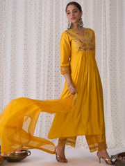 Yellow Embroidered A-Line Kurta Palazzos With Dupatta set