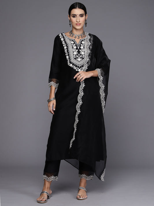 Indo Era Black Embroidered Straight Kurta Trousers With Dupatta Set