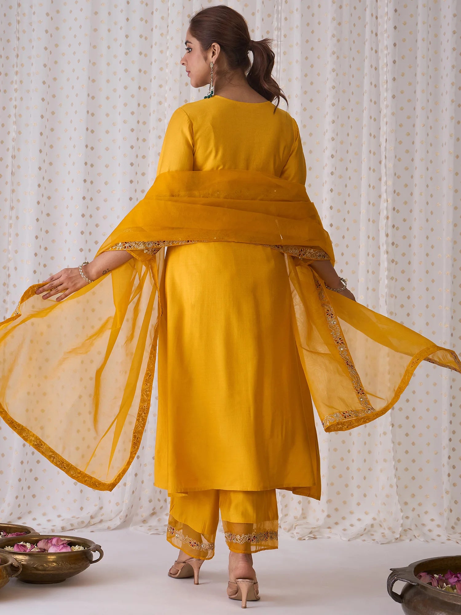 Yellow Embroidered A-Line Kurta Palazzos With Dupatta set