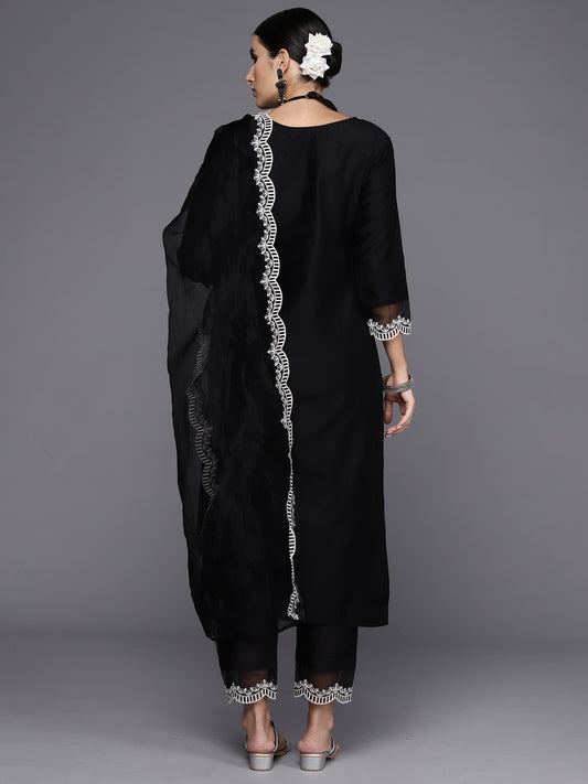 Indo Era Black Embroidered Straight Kurta Trousers With Dupatta Set