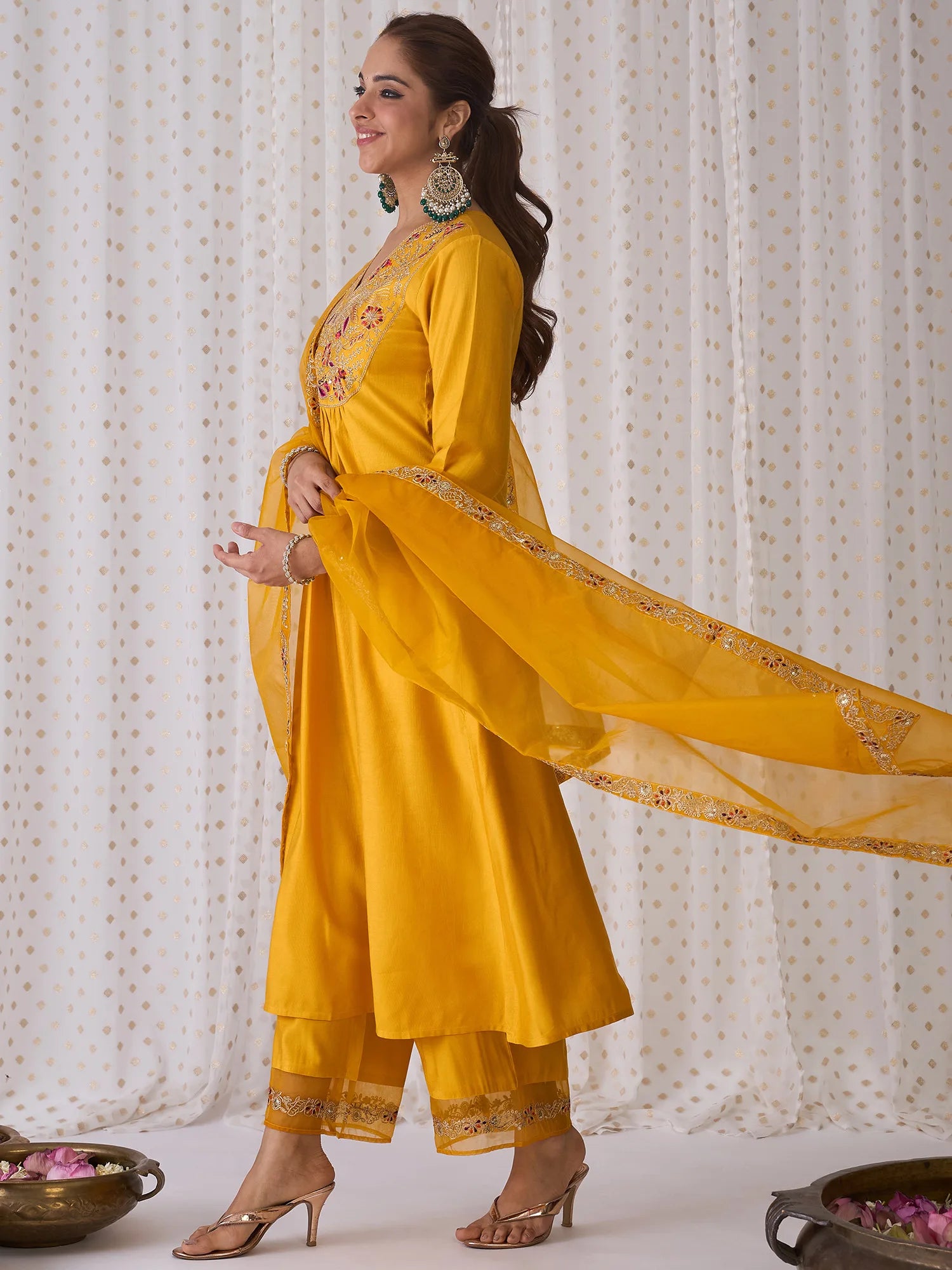 Yellow Embroidered A-Line Kurta Palazzos With Dupatta set